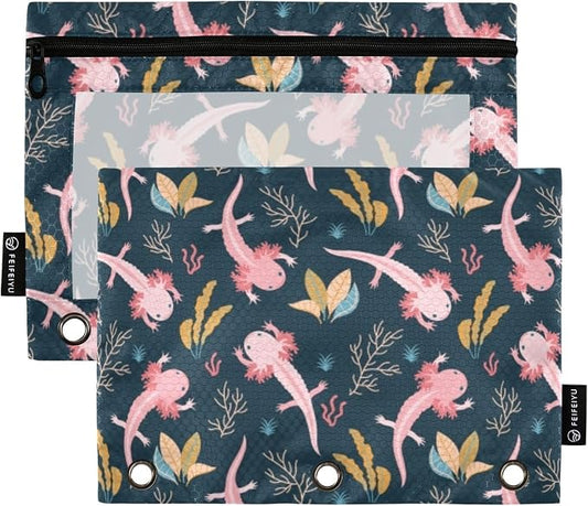 Axolotl Pencil Pouches for 3 Ring Binder 2 Pack | Binder Pencil Case With Zipper Reinforced GrommetsPencil Bags for Office Organizers