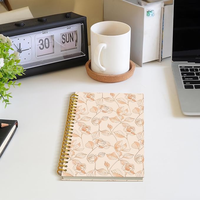 ROXMART Vintage Rose Floral Spiral Notebook, Beige Neutral Botanical Journal, Neo-Romantic Elegant Lined Flower Plant Hardcover Notebook Journal, 5.5x8.3 Inch