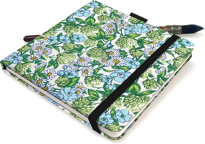 5x5 Handy Portable Handmade Cloth Fabric Hardcover Sewing Binding Travel Watercolor Sketchbooks Watercolor Paper 140LB/300gsm 20Sheets/40Pages Journal Mixed Media Pad Notebook Green Chrysanthemum