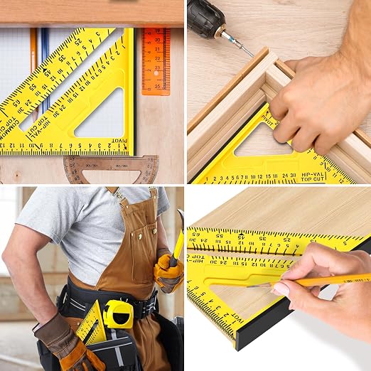 7 Inch Woodworking Triangle Ruler, Metric and Imperial Plastic Carpenter Square, Precision Right Angle Measuring Ruler, Clear Scale Square Protractor for Woodworking and Carpentry (Yellow)