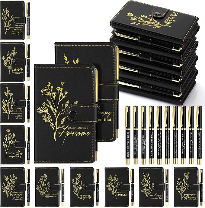 Dispowreath 20 Sets Thank You Leather Journal Notebook with Appreciation Ballpoint Pen Employee Gift for Teacher Nurse Coworker Team Office Staff Vet Tech Housekeeper (Black,Stylish)