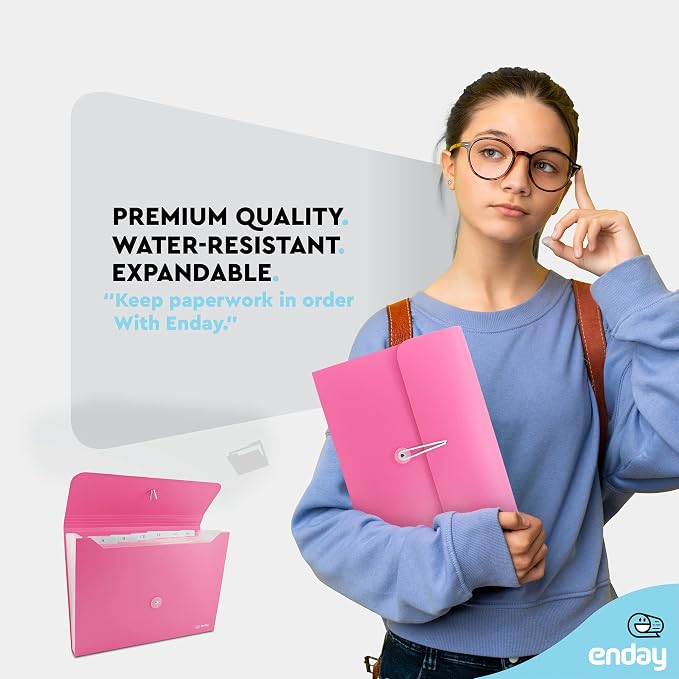 Accordion File Organizer Pink, 7 Pocket Expanding File and Cover Folder with Labels, Plastic Portable Desktop Letter A4 Paper, Also Available in Red, Purple, Green, Blue, Grey, 1 Pc – By Enday