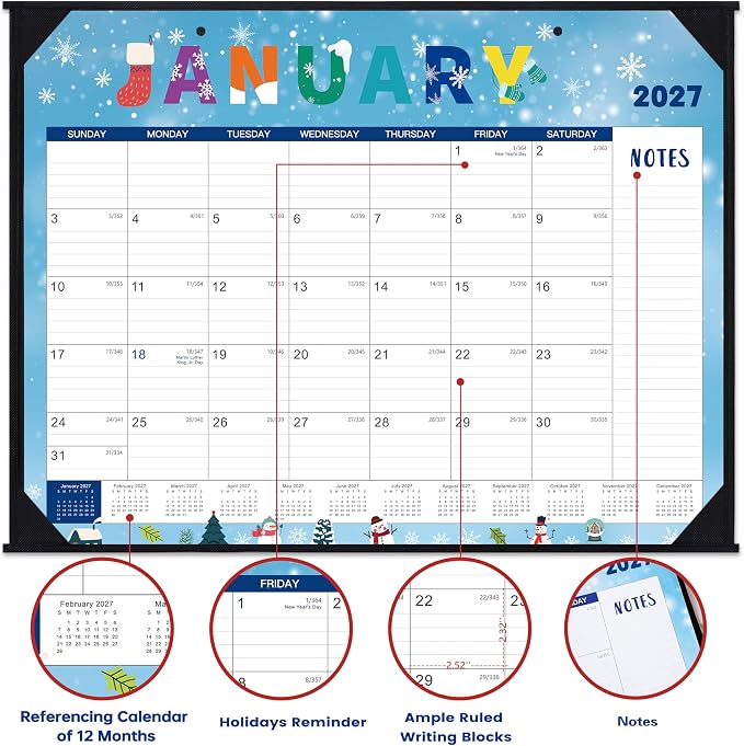 Desk Calendar 2026-2027 - Large Desk Calendar 2026-2027, 22" x 17", Jul. 2026 - Dec. 2027, Desk Calendars Large, 18 Months, Corner Protectors, Hanging Holes, Notes - 12 Themes