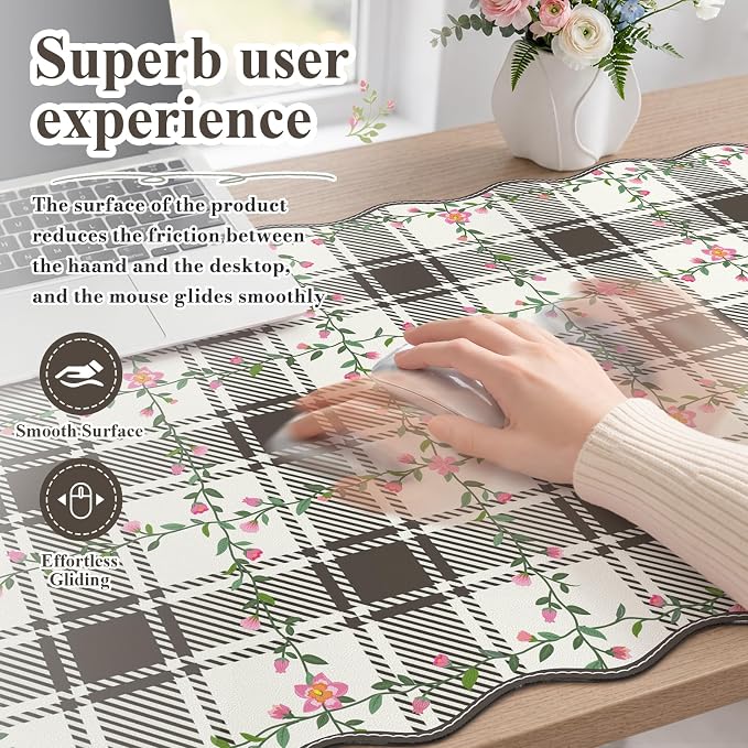 iCasso Retro Flowers Mouse Pad, XXL Large Leather Mouse Pad,Back to School Desk Matt for Desktop Protector, Anti-Slip Mousepad with Scalloped Stitched Edges for Laptop Computer Keyboard(Black)