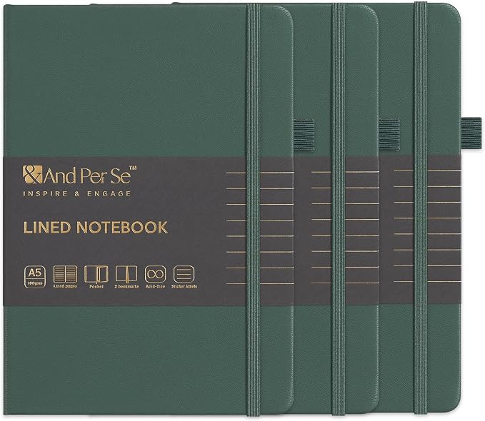 &And Per Se Lined Notebooks 3-Pack Gift Set, A5 Hardcover Journals, 160 Pages 100gsm Thick Paper, Journaling Notebook for Office School (Green)