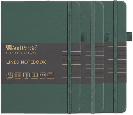 &And Per Se Lined Notebooks 3-Pack Gift Set, A5 Hardcover Journals, 160 Pages 100gsm Thick Paper, Journaling Notebook for Office School (Green)
