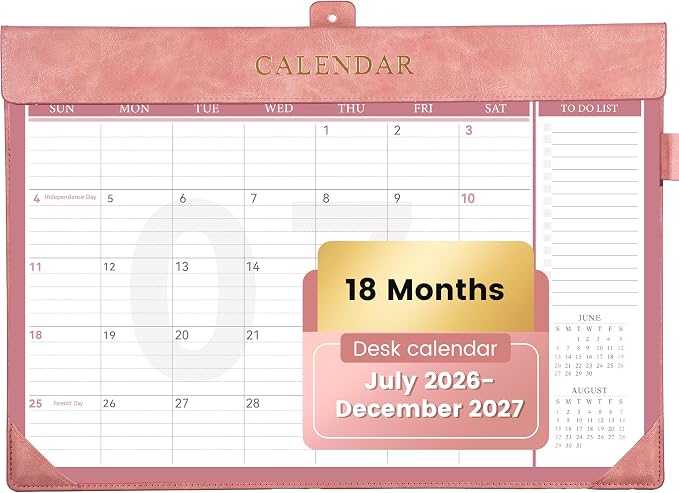 Yoment Desk Calendar 2026-2027 with Desktop Mat, Large Desk Pad Calendar from Now to December 2027, 18 Months Leather Desktop Wall Calendar with Plastic Cover for Home Office School,17x 12,Pink