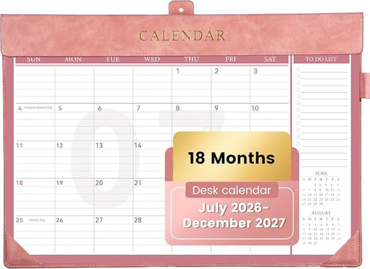 Yoment Desk Calendar 2026-2027 with Desktop Mat, Large Desk Pad Calendar from Now to December 2027, 18 Months Leather Desktop Wall Calendar with Plastic Cover for Home Office School,17x 12,Pink