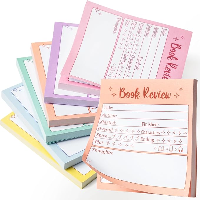 L1rabe Book Review Mini Sticky Notes - 6PCS Colorful Self-Stick Note Pads | Back to School Book Rating Stickers for Students, 300 Sheets Reading Tracker Log Stickers, Readers Lovers Bookworm Supplies