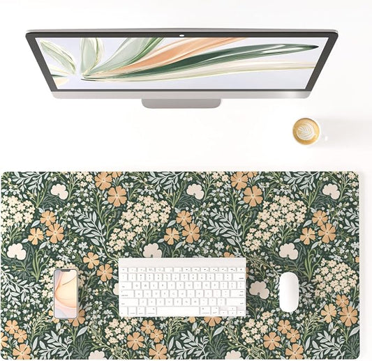 Colorful Star Green Floral Leather Desk Mat, Non-Slip Mouse Pad 31.5"x15.7" | Keyboard Gaming Desk Pads for Office, Desk Décor Large Blotter Writing Pad, Desk Accessories for Women Men