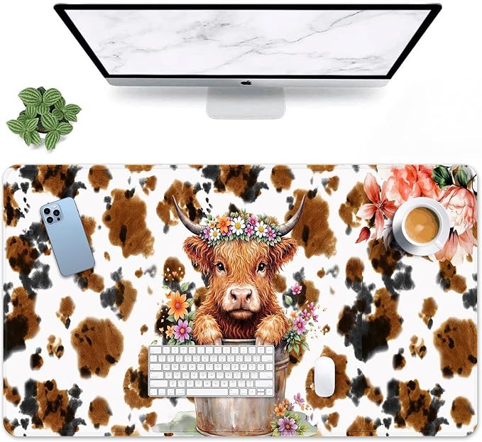 Britimes Cute Highland Cow Desk Mat Flowers Cartoon Print Deak Pad Non-Slip PU Leather Large Keyboard Mouse Pad Office Desktop Accessories for Office,Work,Home Decor(31.5"X15.7")