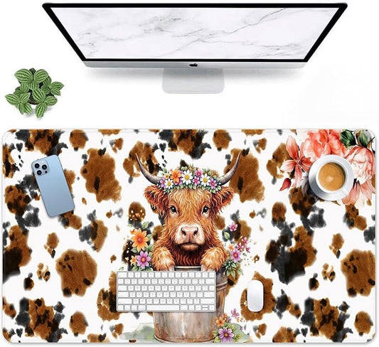 Britimes Cute Highland Cow Desk Mat Flowers Cartoon Print Deak Pad Non-Slip PU Leather Large Keyboard Mouse Pad Office Desktop Accessories for Office,Work,Home Decor(31.5"X15.7")