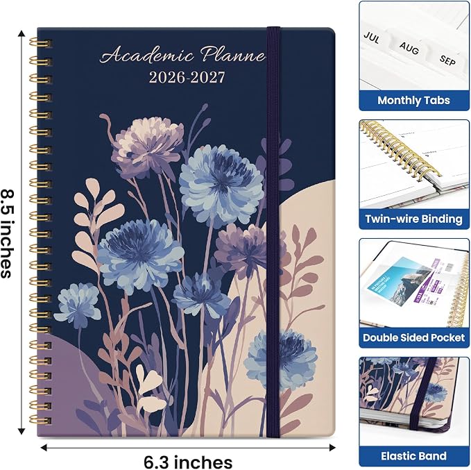 Planner 2026-2027, Academic Year Monthly and Weekly Calendar Planner, Jul 2026 - Jun 2027, Hardcover Teacher Student Planning Agenda book with Tabs, Perfect for School Office Supplies, 6.3" x 8.5" - Midnight Blooms