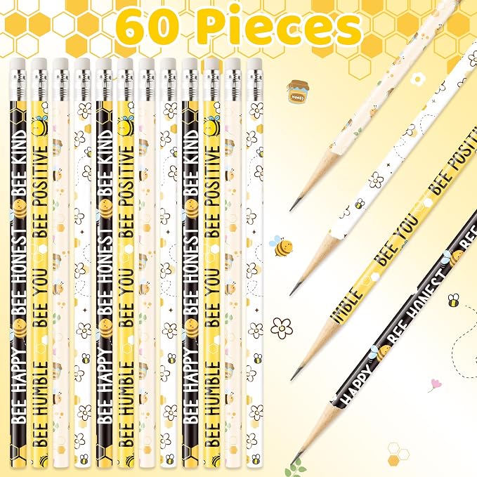 Xqumoi 60Pcs Bee Pencils with Erasers - Cute Honeybee Themed #2 HB Wooden Pencils in Bulk Birthday Party Favors Classroom Student Rewards Goodie Bag Fillers Stuffers Summer Back to School Gift
