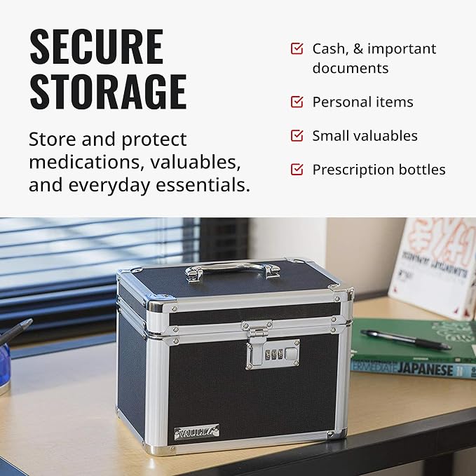 Vaultz Secure Security Lock Boxes - Safe Combination Lock Box, Storage for Documents, Valuables, Medicine & Money - 9.88 x 7.75 x 7 Inch - Black/Chrome | Lockable design with reinforced chrome-steel corners, combination-lock case, non-slip rubber feet,...