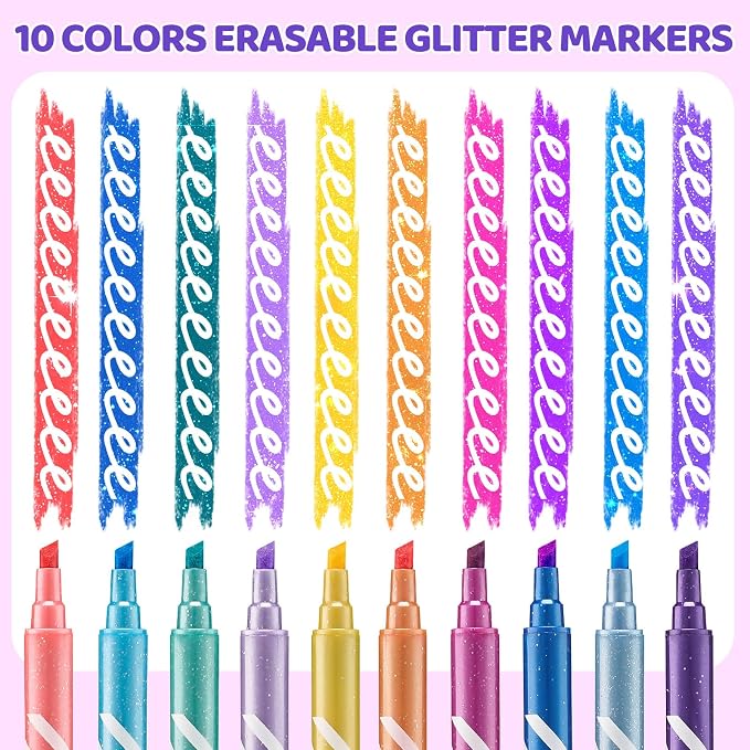 JoyCat 10-Color Erasable Glitter Markers for Kids, Dual Tip Sparkle Pens | Fun pens for kids use glitter color and white eraser tips to correct details, create highlights and reveal secret messages.