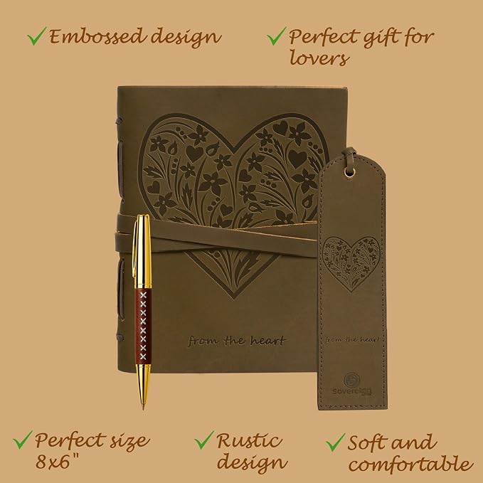 Sovereign-Gear Heart Embossed Leather Journal Gift Set – Handmade Leather Notebook with Pen & Bookmark | Writing Journal for Men & Women | Sentimental Gift Box for Anniversary, Valentine’s or Birthday