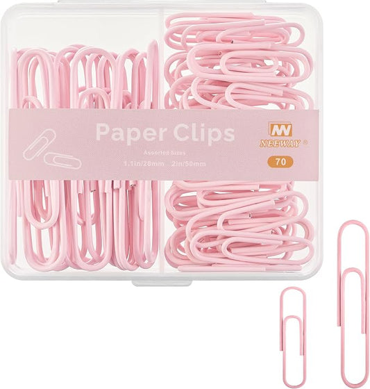 NEEWAY Colorful Paper Clips Assorted Sizes, Small and Large Paper Clips, 70 Count (Light Pink)