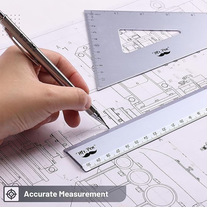 Mr. Pen- Metal Geometry Kit, 4 Pack, 45° & 30°/60° Set Squares | 6" Protractor & 12" Ruler, Durable Metal Drafting Tools for Technical Drawing, Math, Engineering & Architecture