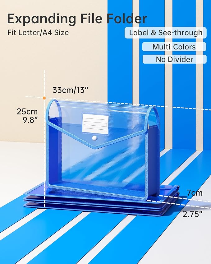 2 Pack Plastic Expanding File Folder, Transparent envelopes with Snap Closure, Fit Letter/A4 Size for School/Office/Home/Hospital, No Dividers, Large Capacity（Blue）