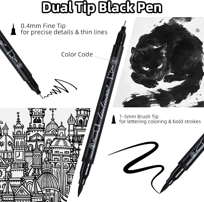 LIULIUCAI 10 Black Dual Tip Markers, Fine & Brush Tip Pens for Coloring | Jet Black Markers for Adult Coloring, Artist Drawing Pen for Journal Sketching Manga Calligraphy Illustration, No Bleeding