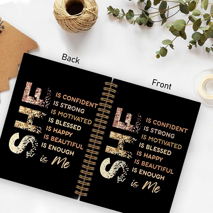 QLMX Gold She Is Me Affirmations Spiral Notebook, Inspirational Self Care A4 Journal Notebook, Self Love Notebooks for School Work, Positive Office Supplies Gifts for Women Girls Friends, 8.3x11.7 In