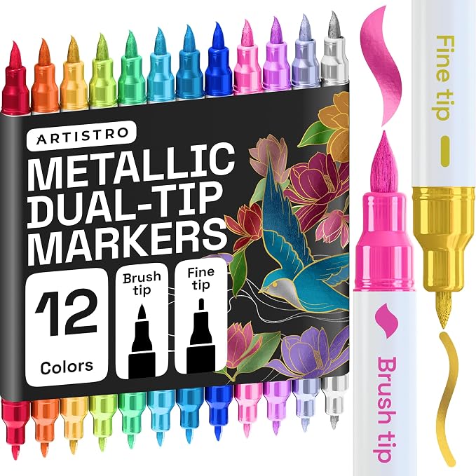 ARTISTRO 12 Metallic Acrylic Paint Markers - Paint Pens for Drawing - For Fabric, Rock, Glass, Wood, Molds - Arts & Crafts Gift for Adults, Teens, Kids, Classroom Must Haves & School Supplies