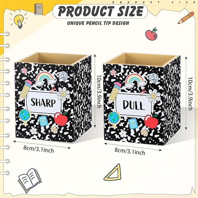 DoubleFill 2 Pcs Notebook Shaped Holder Sharp Dull Holder Wooden Dispenser Pencil Storage with Classic Composition Notebook Design for Back to School Teachers Classroom Organization Accessories