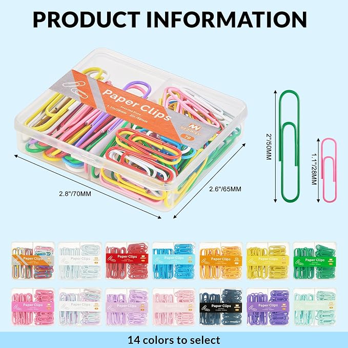 NEEWAY Colorful Paper Clips Assorted Sizes, Small and Large Paper Clips, 70 Count (Multicolor)