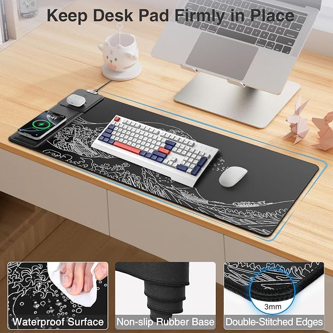 Wireless Charging Mouse Pad with Foldable Phone Holder, Black Wave | 31.5"x15.8" Large Desk Mat for Laptop/Keyboard, Waterproof Ultra-Smooth Surface, Non-Slip Base