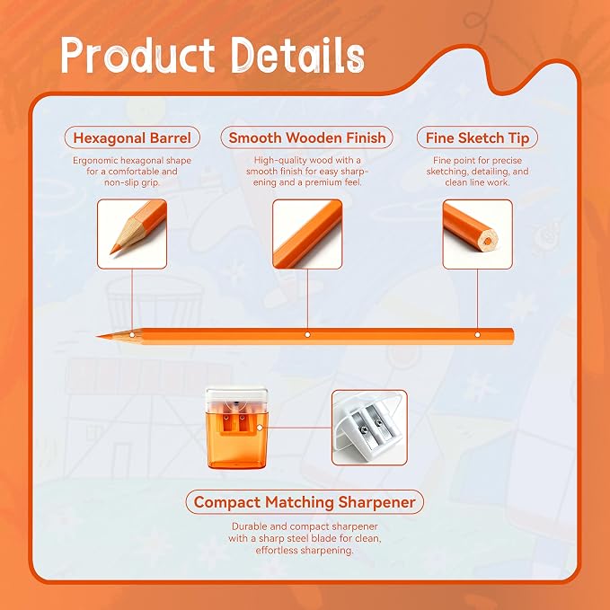 24Piece Orange Colored Pencils Set with Sharpener, Pre-Sharpened Professional Wooden Art Pencils for Artists Drawing and Sketching, Premium Colored Tone Supplies Delivering Detailed Painting(Orange)