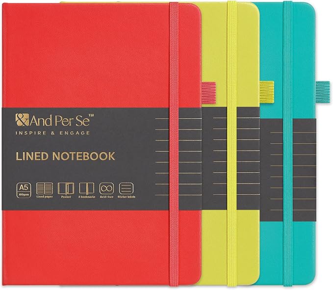 &And Per Se Lined Notebooks 3-Pack Gift Set, A5 Hardcover Journals, 160 Pages 100gsm Thick Paper, 3 Assorted Colors (Red, Turquoise & Lime Green)