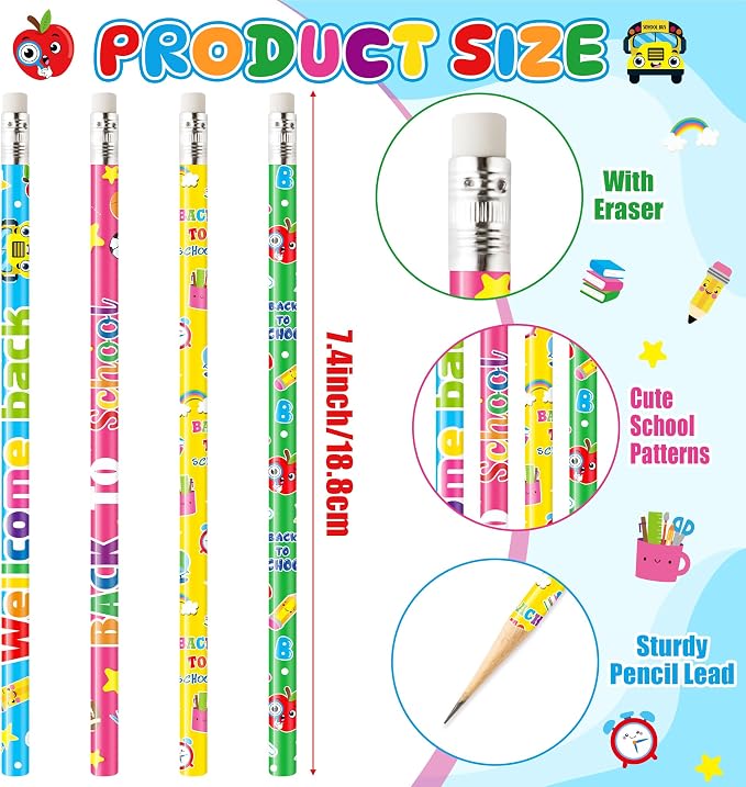 Xqumoi 60Pcs Back to School Pencils with Erasers - 4 Designs #2 HB Pencil in Bulk Welcome Back to School Stationery for Student Classroom Rewards Goodie Bag Fillers Birthday Party Favors Supplies