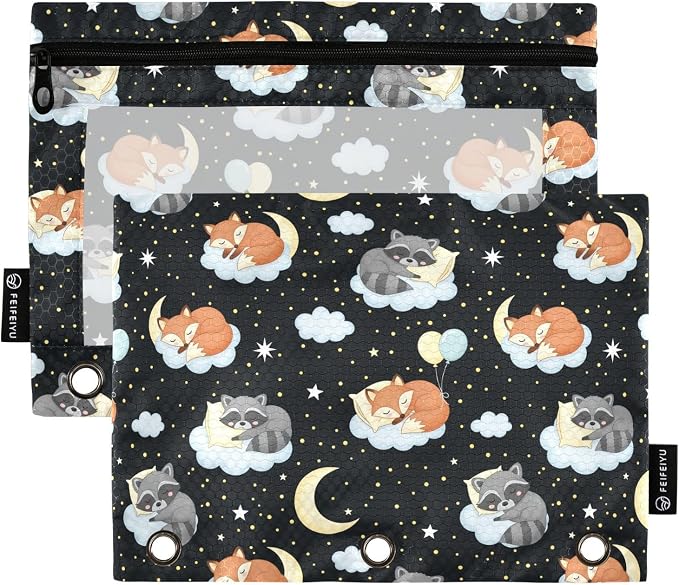 Emelivor Cute Fox Clouds Pencil Pouch for 3 Ring Binder 2 Pcs Binder Pouches with Zipper Pocket Pencil Case Bag with Clear Window for Storing College Office Supplies
