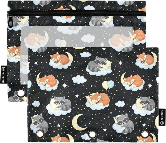 Emelivor Cute Fox Clouds Pencil Pouch for 3 Ring Binder 2 Pcs Binder Pouches with Zipper Pocket Pencil Case Bag with Clear Window for Storing College Office Supplies