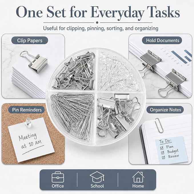 Paper Binder and Clips Set, Metal Assorted Sized Binders with Push Pins, Cute Office Supplies, Teacher Desk Must Haves, Cute Desk Accessories