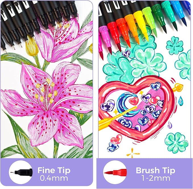 Artecho 24 Colors Dual Tip Markers for Adult Coloring Books | Drawing Pens For School, Fine and Brush Tip, Calligraphy, Drawing, Sketching