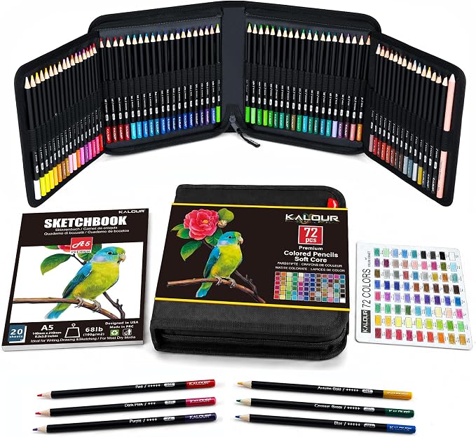 KALOUR 72 Colored Pencils Set, Blending Pencil Sketchbook DIY Color Chart | Smooth blendable, Break-resistant Soft Core, Portable lightweight storage case, For sketching shading illustration