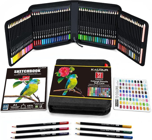 KALOUR 72 Colored Pencils Set, Blending Pencil Sketchbook DIY Color Chart | Smooth blendable, Break-resistant Soft Core, Portable lightweight storage case, For sketching shading illustration