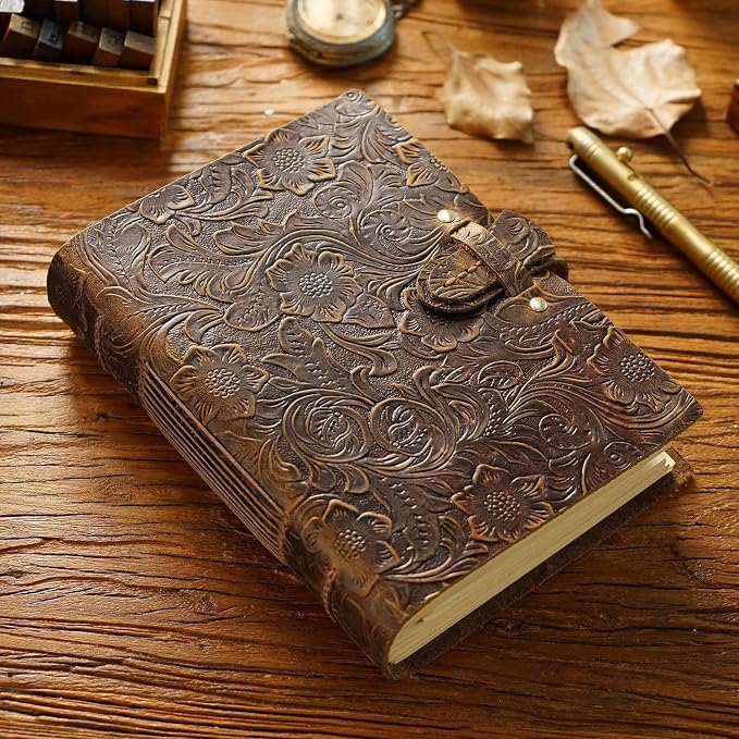 Acidea Leather Journal Notebook, Embossed Genuine Leather Journals for Writing, 200 Sheets (400Pages) Antique Blank Kraft Paper Diary, Vintage Sketchbook for Man Women Gifts (Dark Brown, 7.5”x 5.5”)