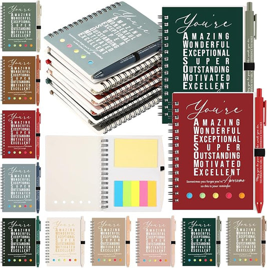 Jetec 100 Pcs/50 Sets Back to School Teacher Gifts Motivational Spiral Notebook with Sticky Notes Pen Bulk Inspirational Journals Thank You Gift for Employee Coworker Birthday Party (Earth Tone)