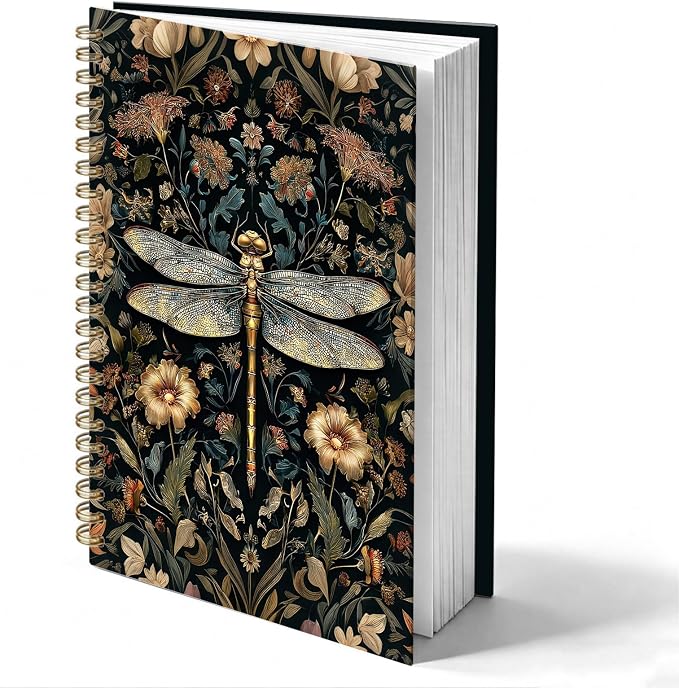 Moody Dark Floral Dragonfly Journal Notebook 5.5x8.3, William Morris Inspired Insect Journal, Dragonfly Gifts for Women, Art Nouveau Botanical Notebooks for Work