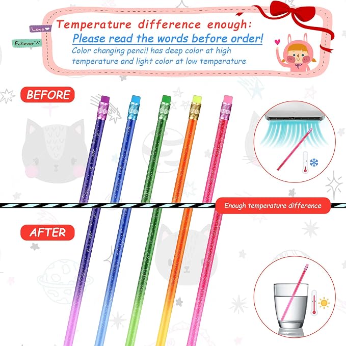 Zonon 60 Pieces Color Changing Mood Pencil Glitter Pencil with Eraser Wooden Activated Color Changing Back to School Gift Thermochromic for Students Kids Prizes Birthday Party Favors