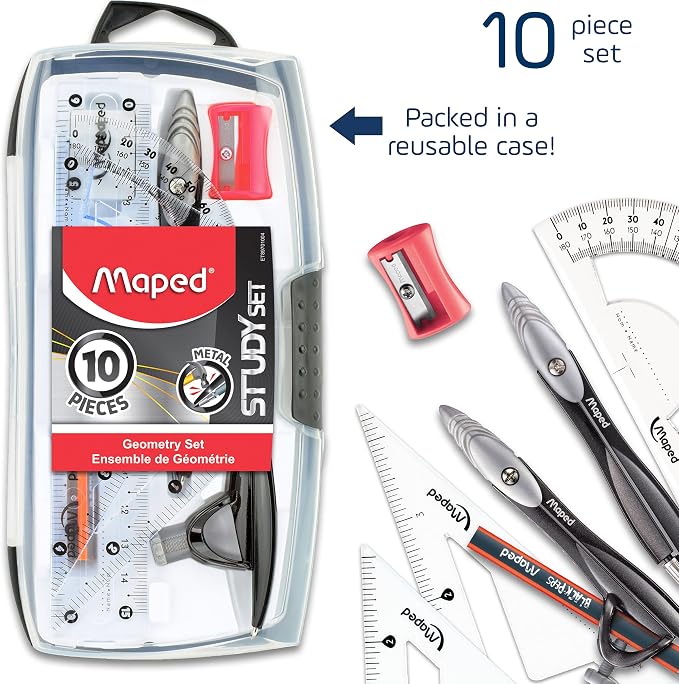 Maped Study Geometry 10 Piece Set - Advanced Student Kit - Precision Tools - Durable & Ergonomic Design - Enhances Creativity - Quality Materials | Advanced Student Kit - Precision Drafting Tools - Durable and Ergonomic Design - Enhances Creativity for...