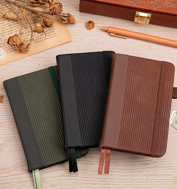 ALKALO 3 Pack Pocket Journaling Notebooks, A6 Small Notebook For Note Taking Journaling Notebooks Journals For Writing Mini Note Pads With Pen Holder 120 Pages 100 GSM Thick Paper(Green,Brown, Black)