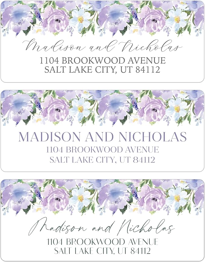 Return Address Labels Personalized with Your Choice of 30 Flower Styles - Choose Font and Font Color or Add Custom Text - Perfect for Wedding Envelopes (023 Purple Flowers)