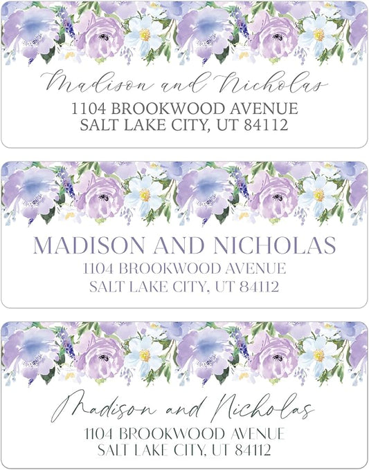 Return Address Labels Personalized with Your Choice of 30 Flower Styles - Choose Font and Font Color or Add Custom Text - Perfect for Wedding Envelopes (023 Purple Flowers)