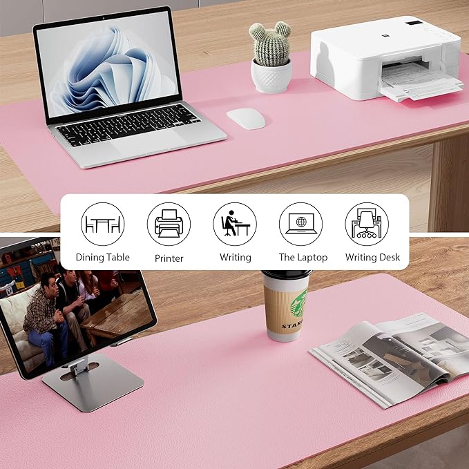 Aothia Faux Leather Desk Mat - Non-Slip PU Leather Desk Blotter, Waterproof Writing Surface, Large Desk Pad for Office & Home (Fairy Pink, 55" x 24")