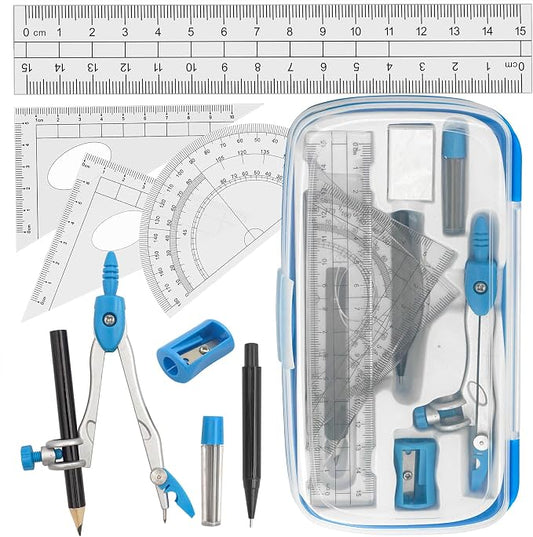 Akuoly Drafting Compass Kit School Supply Set Featuring Geometry Compass, Protractor, Set Squares, and Ruler – for School Grade Boy snd Girl with Every Piece Compact in Carrying Case, Classic Blue