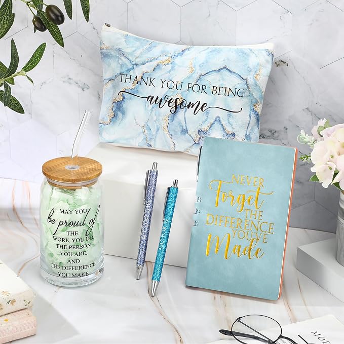 Funnymoom 6 Pcs Appreciation Gifts Set for Women Back to School Teacher Gifts Employee Thank You Gift with 17 oz Glass Tumbler Journal Pens and Pouch for Coworkers Educators,Marble,Blue
